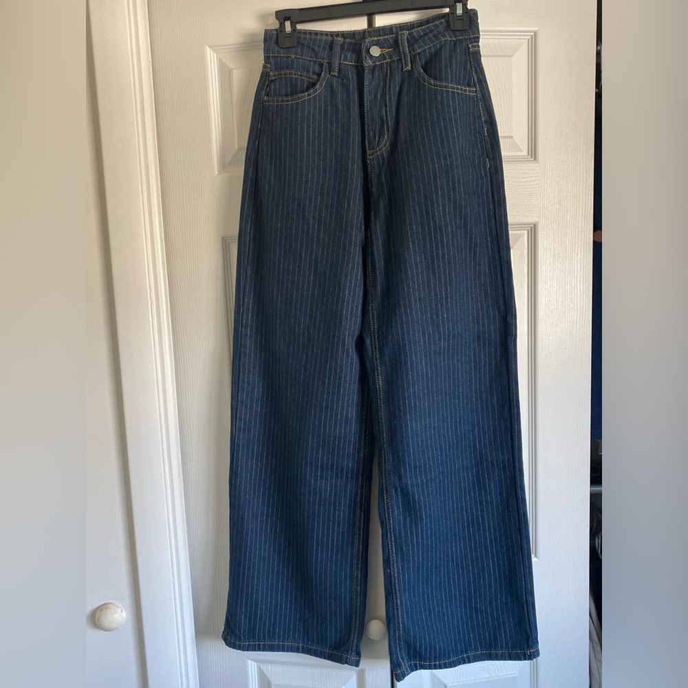 Wide Leg Pinstripe Jeans - Dark Blue